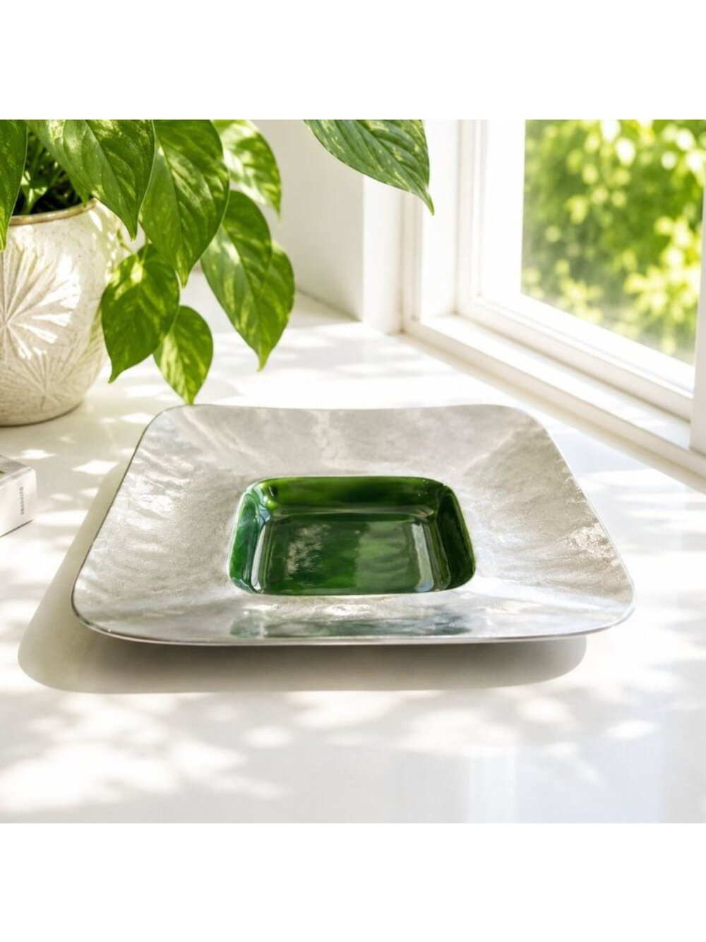 Vintage Silver Decorative Bowl with Gloss Green Center Modern Square Trinket Dis
